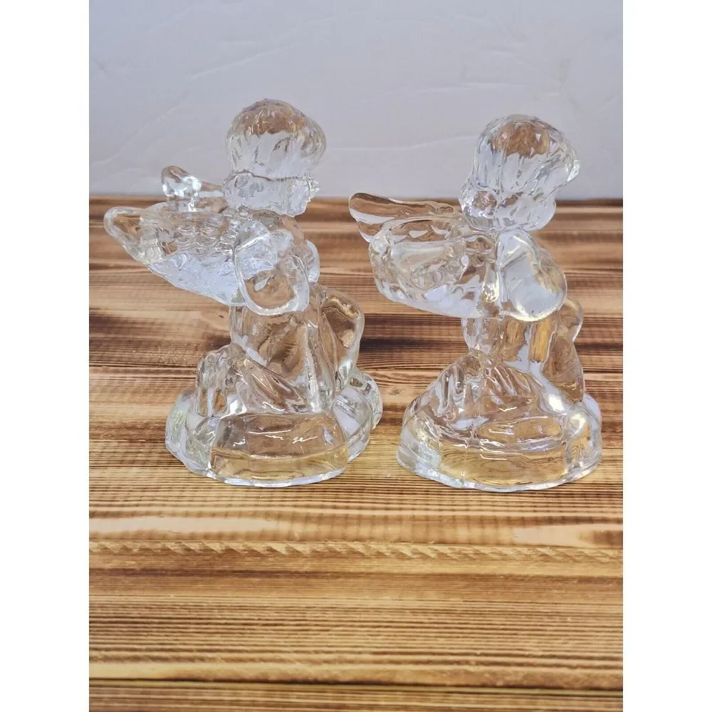 Set Of‎ 2 Kneeling CHRISTMAS TAPERED GLASS ANGEL CANDLE Holders 4.25